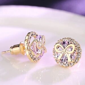 Purple Gemstone Bow Stud Earrings Gold Tone Crystal Halo NWT